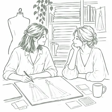 Illustration : Hermine et une future mariée discutent autour de croquis de robes.